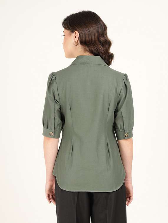 women solid lapel collar puff sleeve shirt - 22320667 -  Standard Image - 3