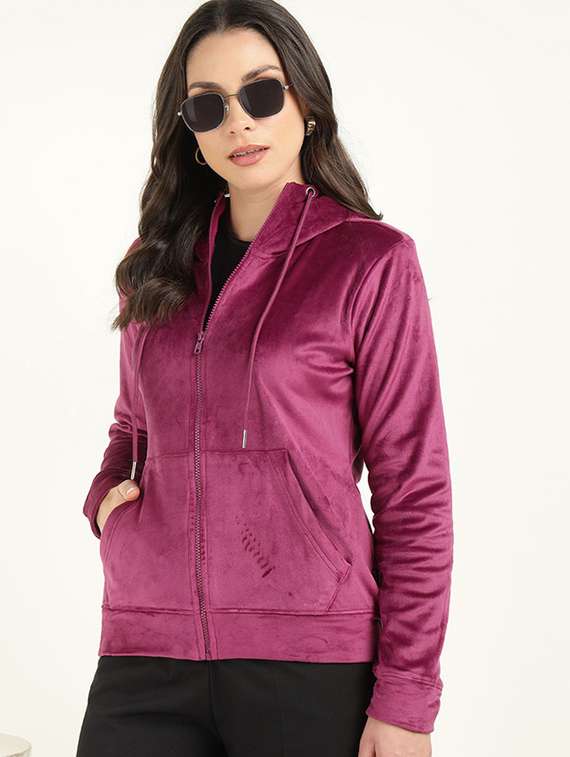 women solid long sleeve hooded sweatshirt
