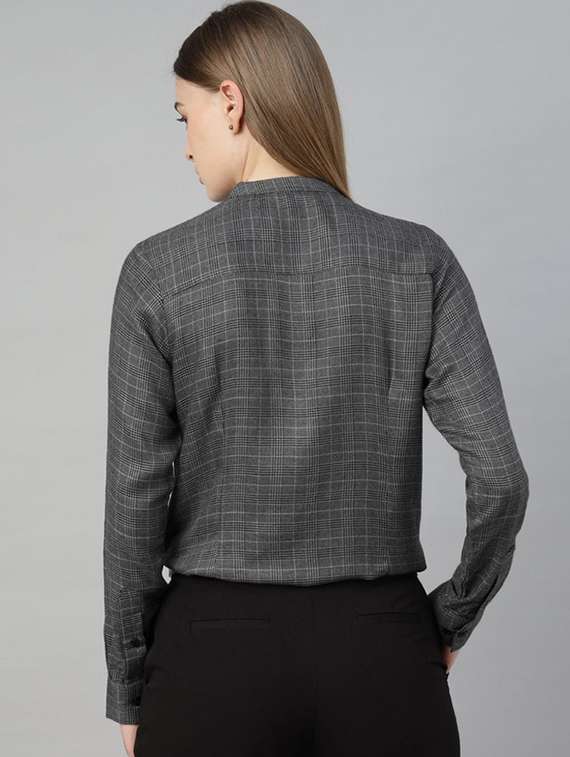 women checkered mandarin collar long sleeve top - 22320694 -  Standard Image - 3