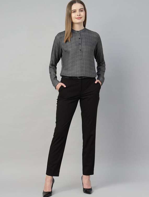 women checkered mandarin collar long sleeve top - 22320694 -  Standard Image - 5
