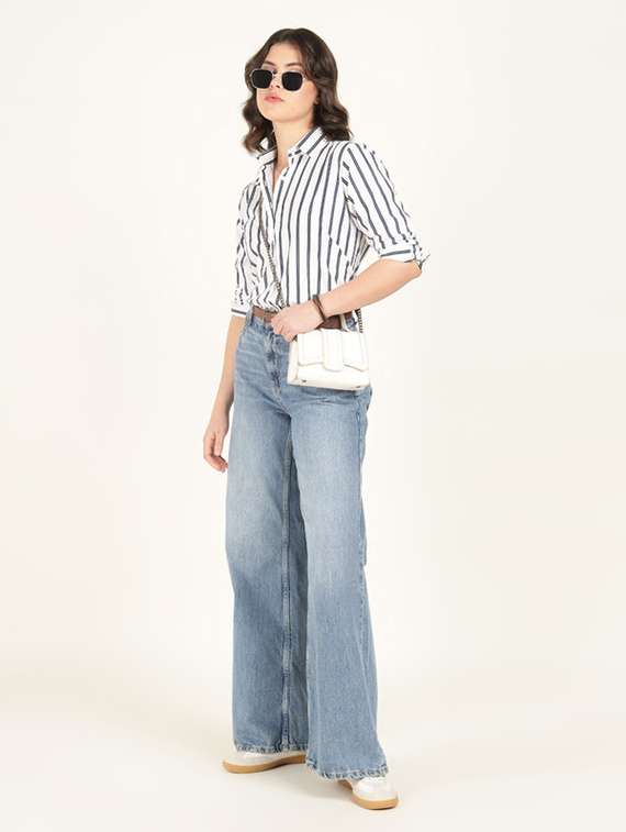 women striped collared three quarter sleeve shirt - 22320695 -  Standard Image - 5