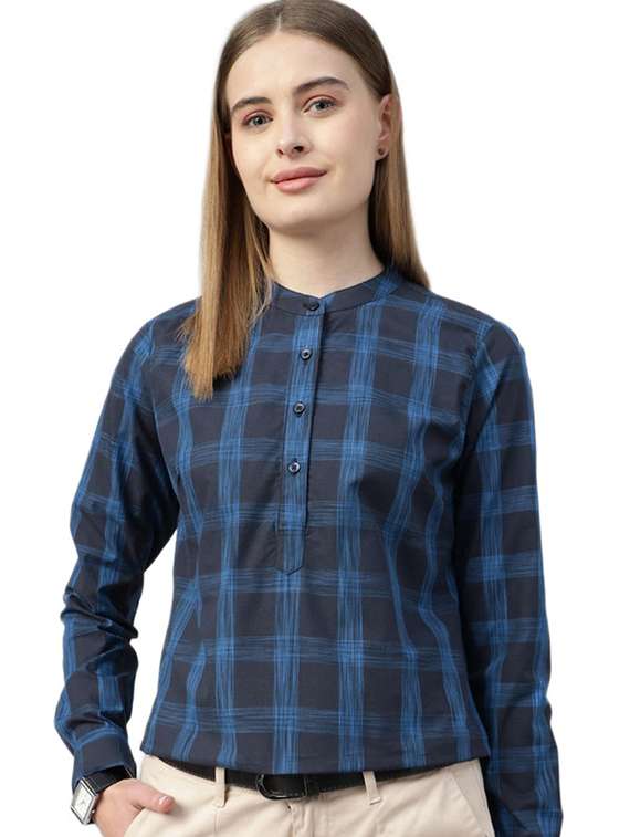 women checkered mandarin collar long sleeve top