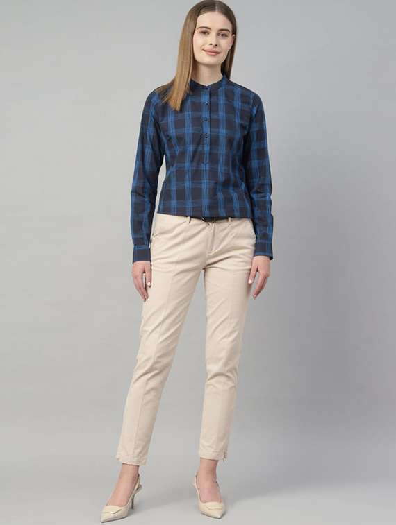 women checkered mandarin collar long sleeve top - 22320696 -  Standard Image - 5