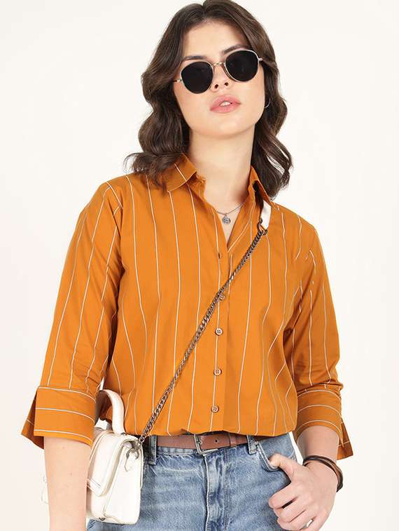 women striped collared three quarter sleeve shirt