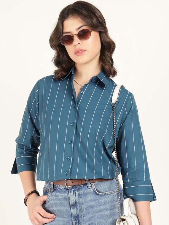 women striped collared three quarter sleeve shirt