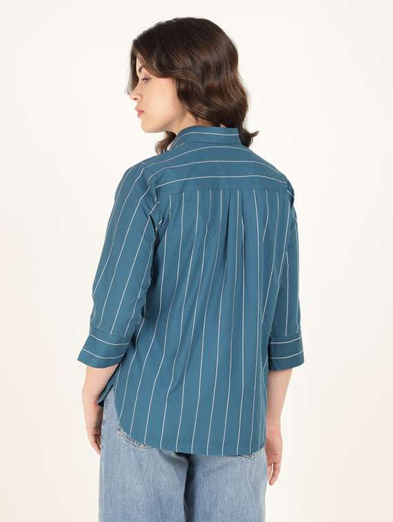 women striped collared three quarter sleeve shirt - 22320702 -  Standard Image - 3
