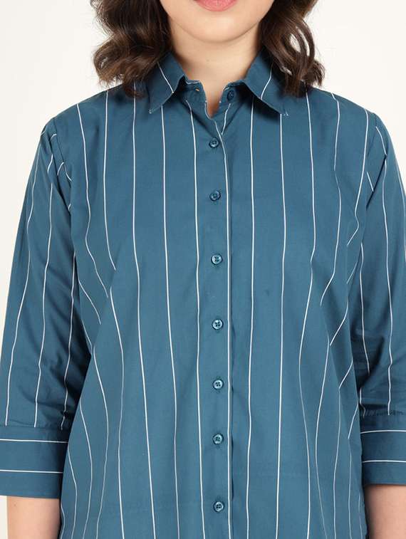 women striped collared three quarter sleeve shirt - 22320702 -  Standard Image - 5