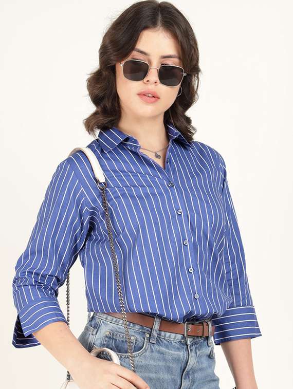 women striped collared three quarter sleeve shirt