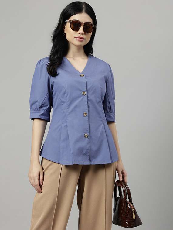 women solid puff sleeve a-line top