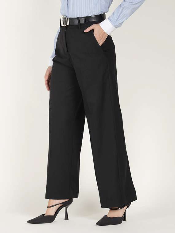 women solid mid rise wide leg trouser - 22320738 -  Standard Image - 3