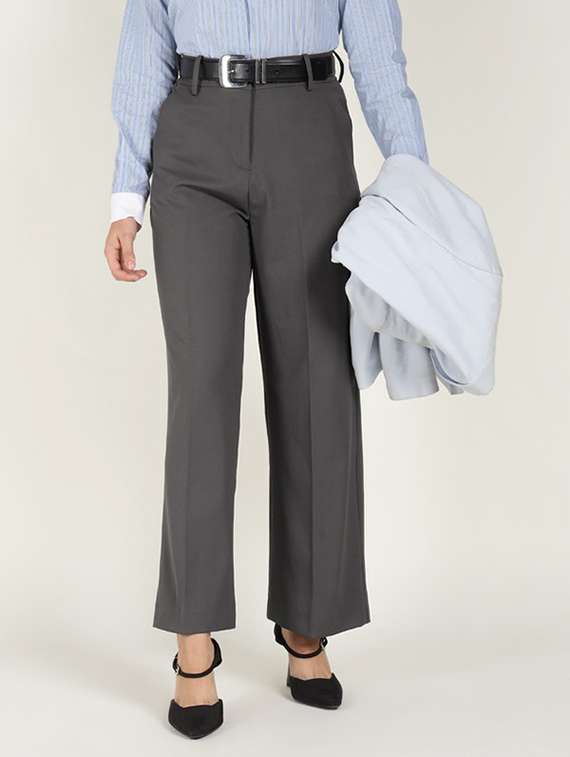 women solid high rise straight trouser