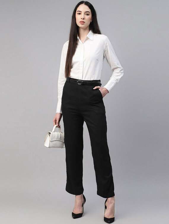 women solid high rise straight trouser - 22320748 -  Standard Image - 3