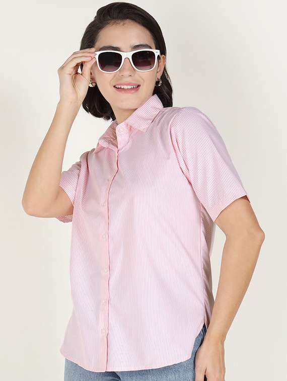 women striped collared short sleeve shirt