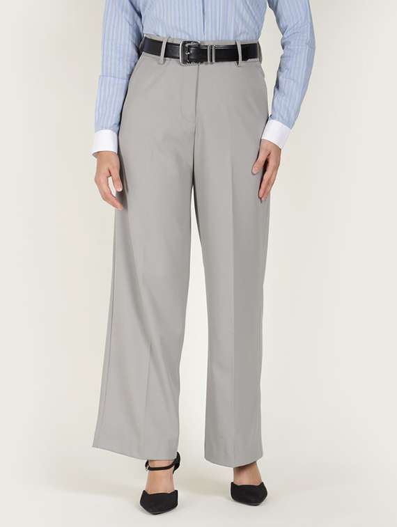 women solid high rise wide leg trouser