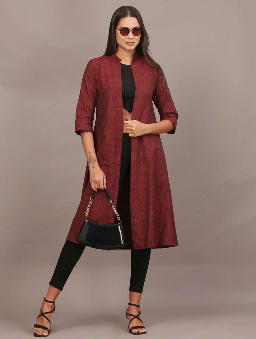 women solid three quarter sleeve long shrug