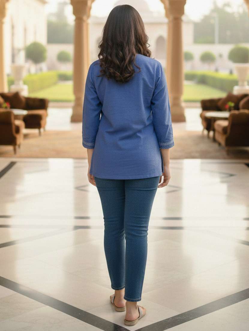 women solid with work three quarter sleeve a-line kurti - 22320797 -  Standard Image - 3