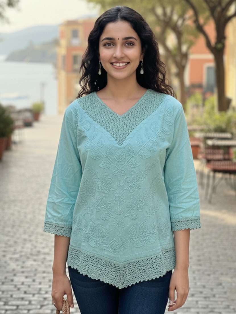 women solid with work three quarter sleeve a-line kurti