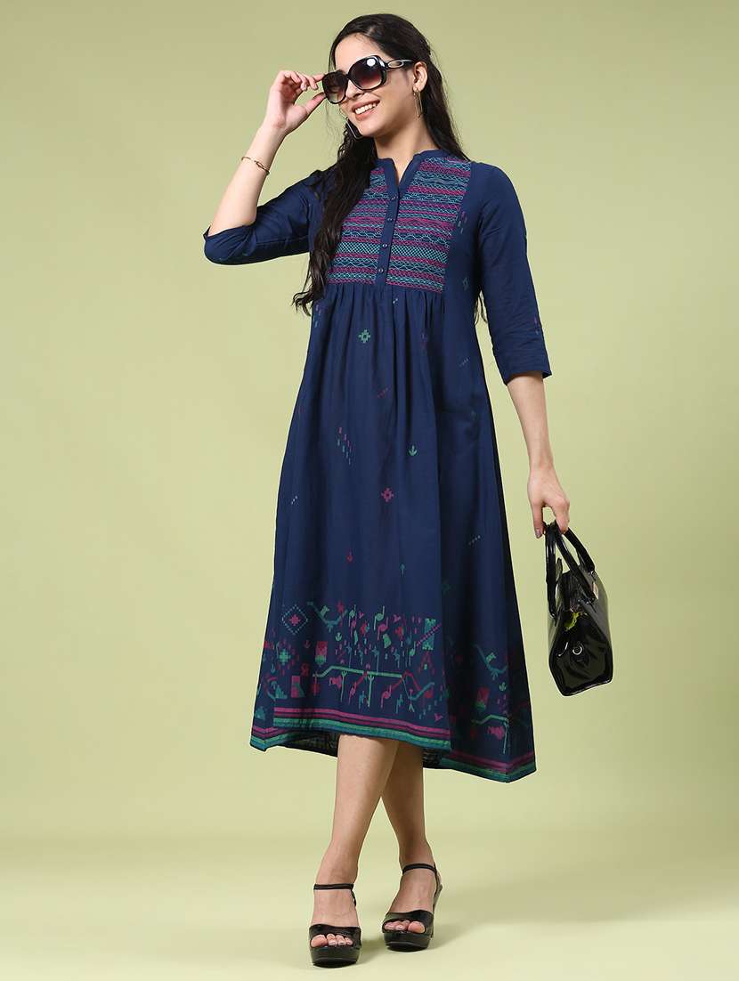 women embroidered three quarter sleeve a-line dress