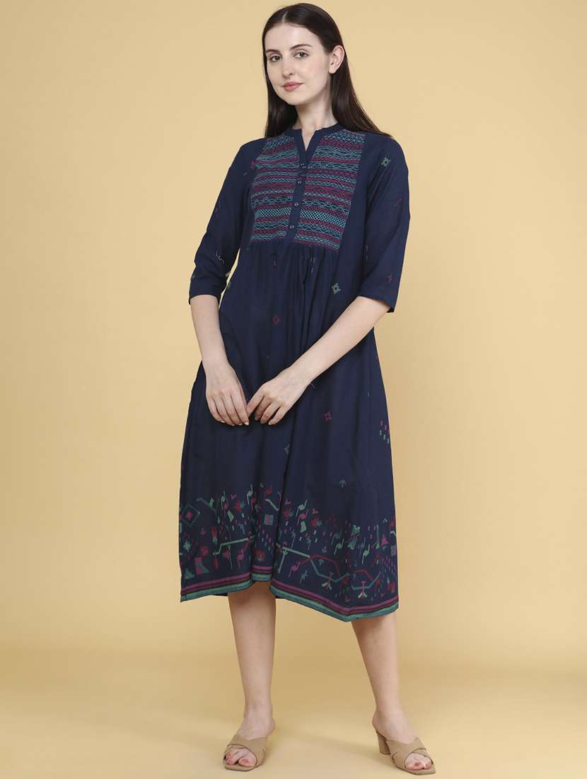 women blue cotton a-line dress