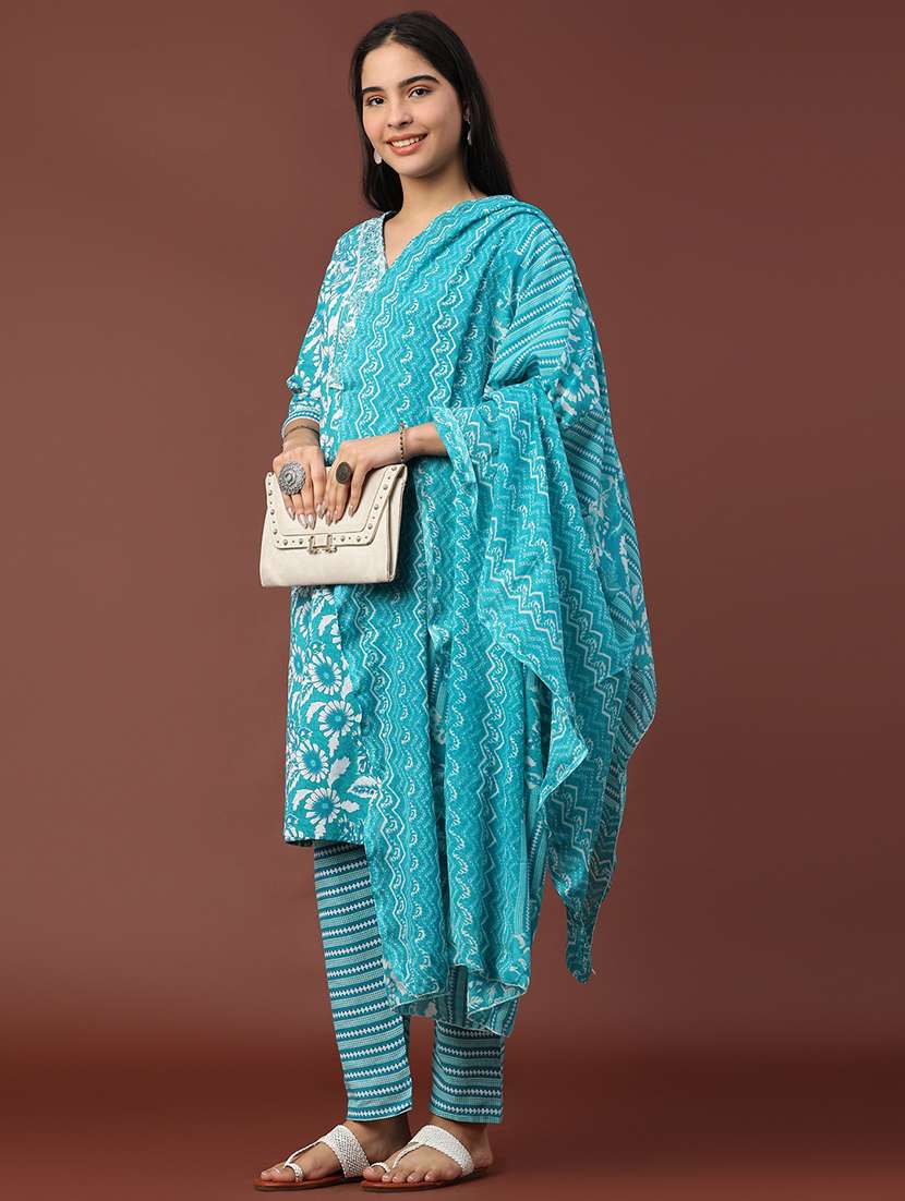teal cotton kurta pant  set