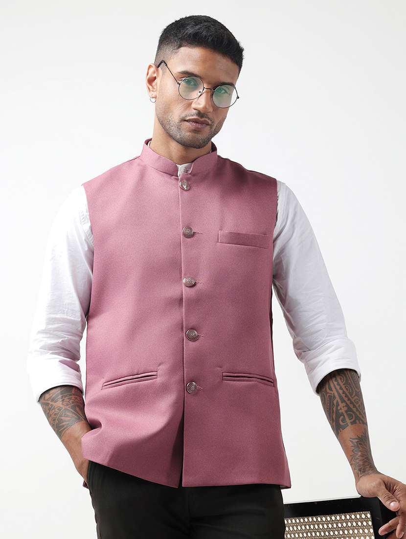 men solid mandarin neck regular fit nehru jacket