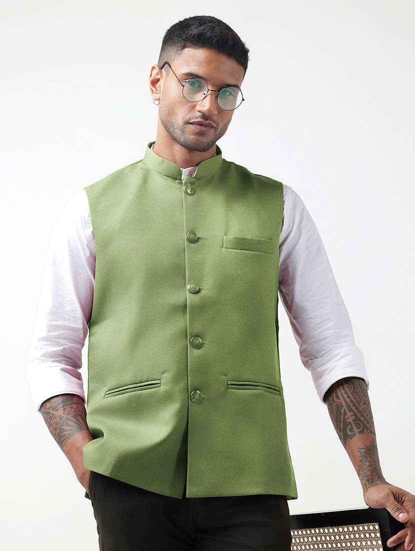 men solid mandarin neck regular fit nehru jacket