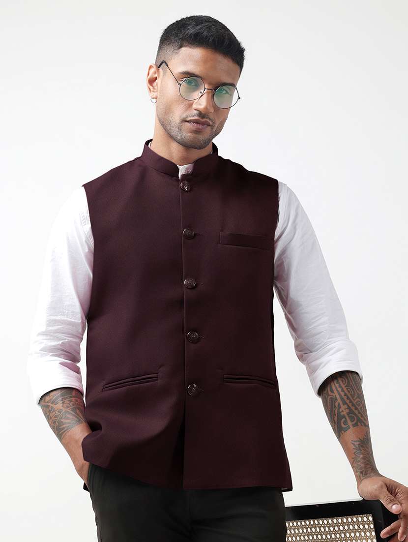 men solid mandarin neck regular fit nehru jacket