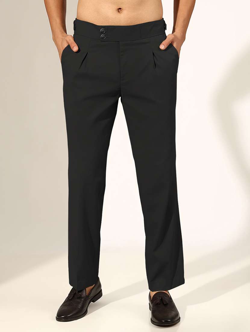 men solid low rise pleated casual trouser