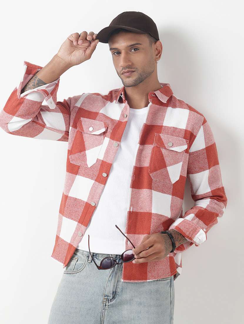 men checkered long sleeve regular fit shacket