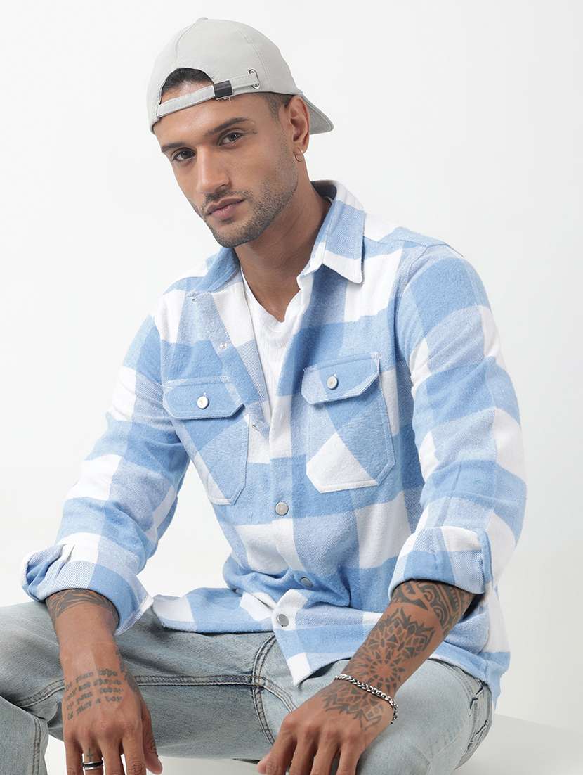 men checkered long sleeve regular fit shacket