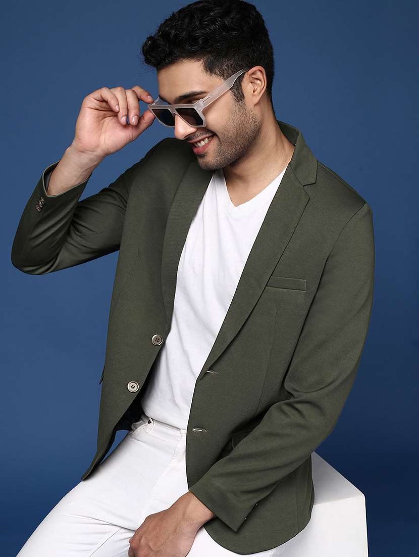 men solid lapel collar single breasted casual blazer