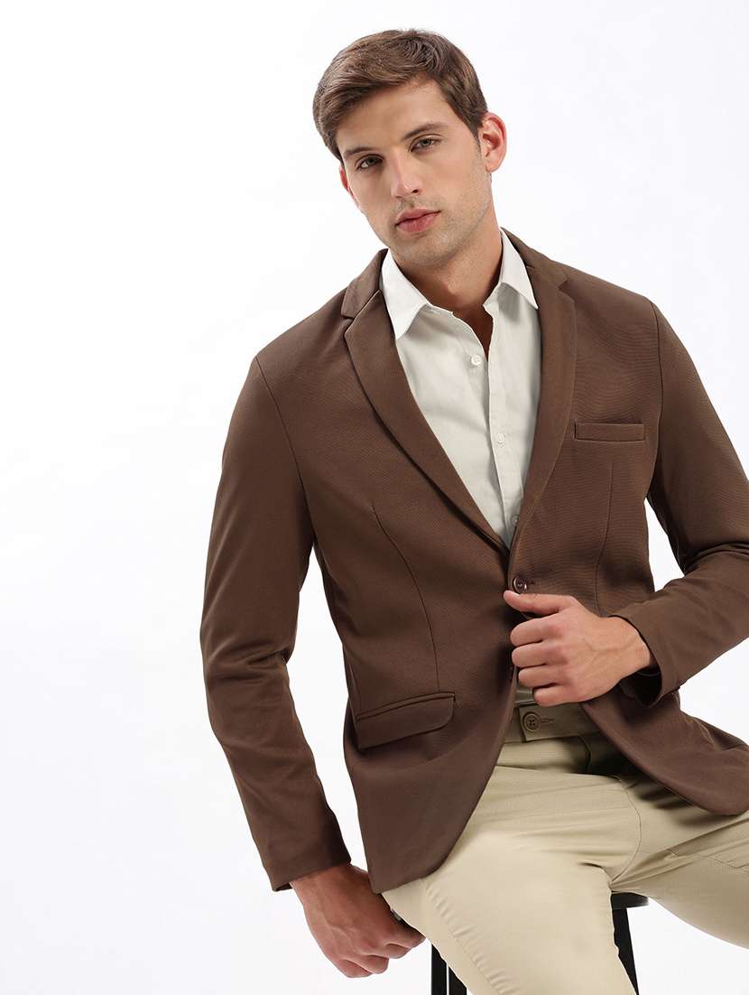 men solid lapel collar single breasted casual blazer