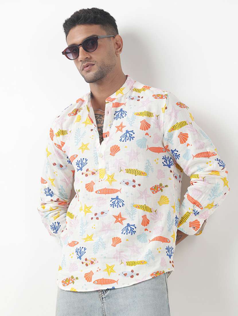 men printed mandarin neck short kurta