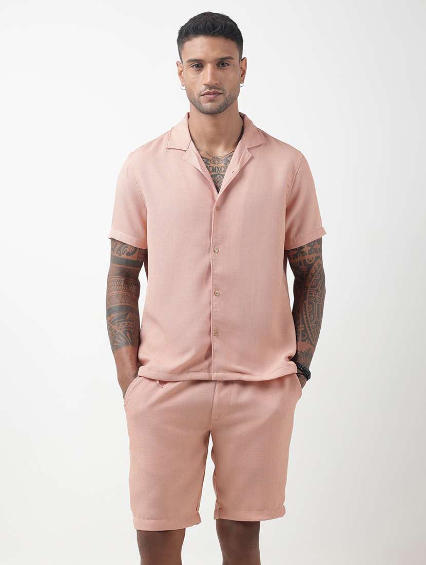 men solid short sleeve shirt & shorts co-ord set