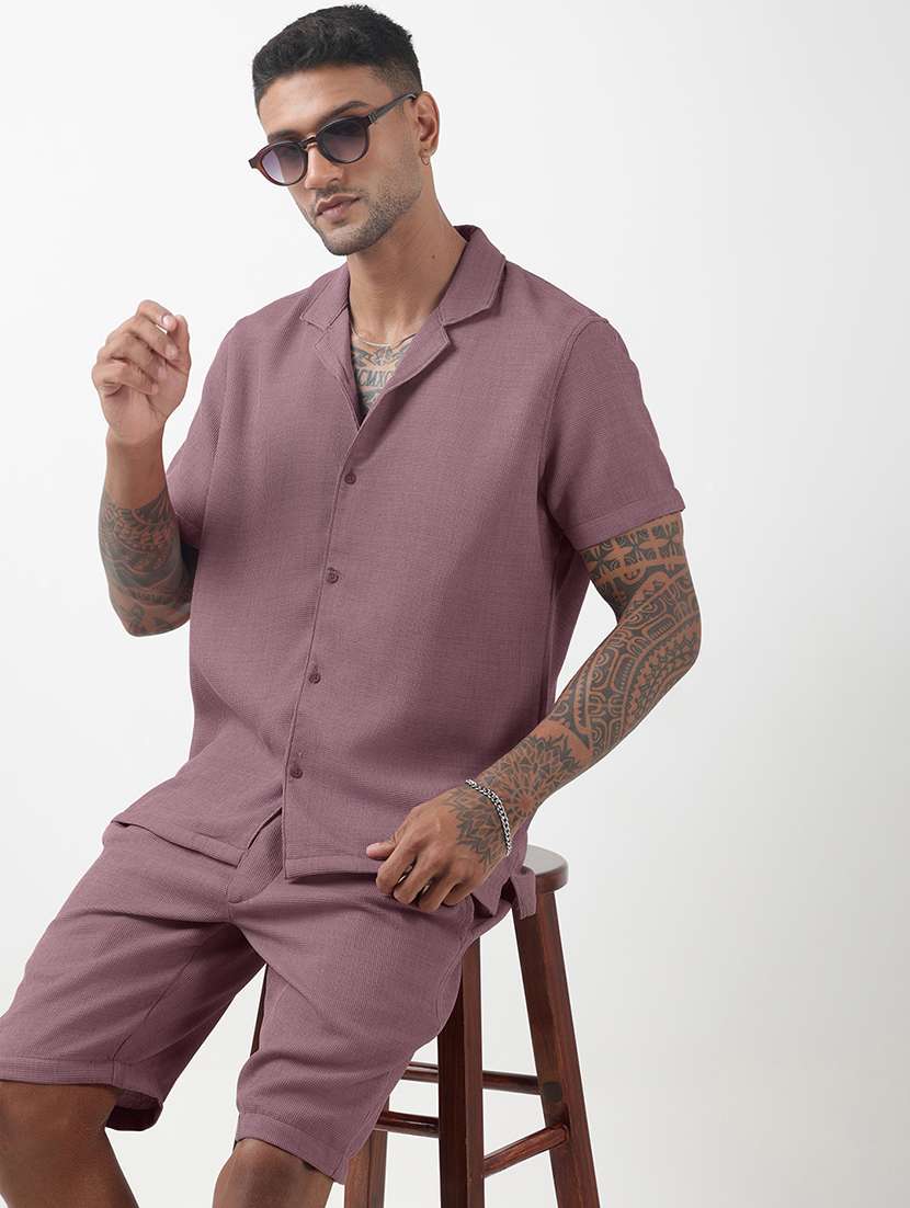 men solid short sleeve shirt & shorts co-ord set