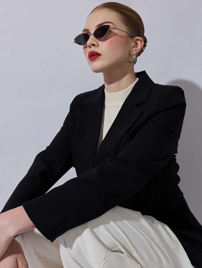 women solid long sleeve double breasted blazer