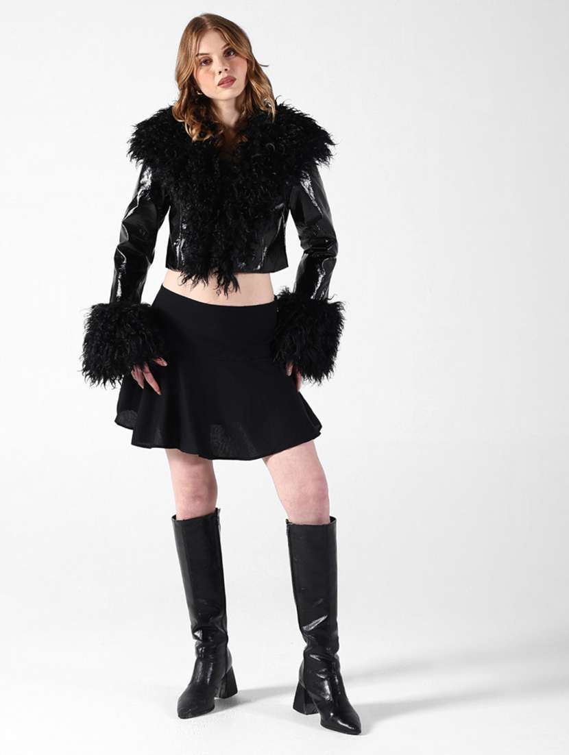 women solid long sleeve leatherette jacket