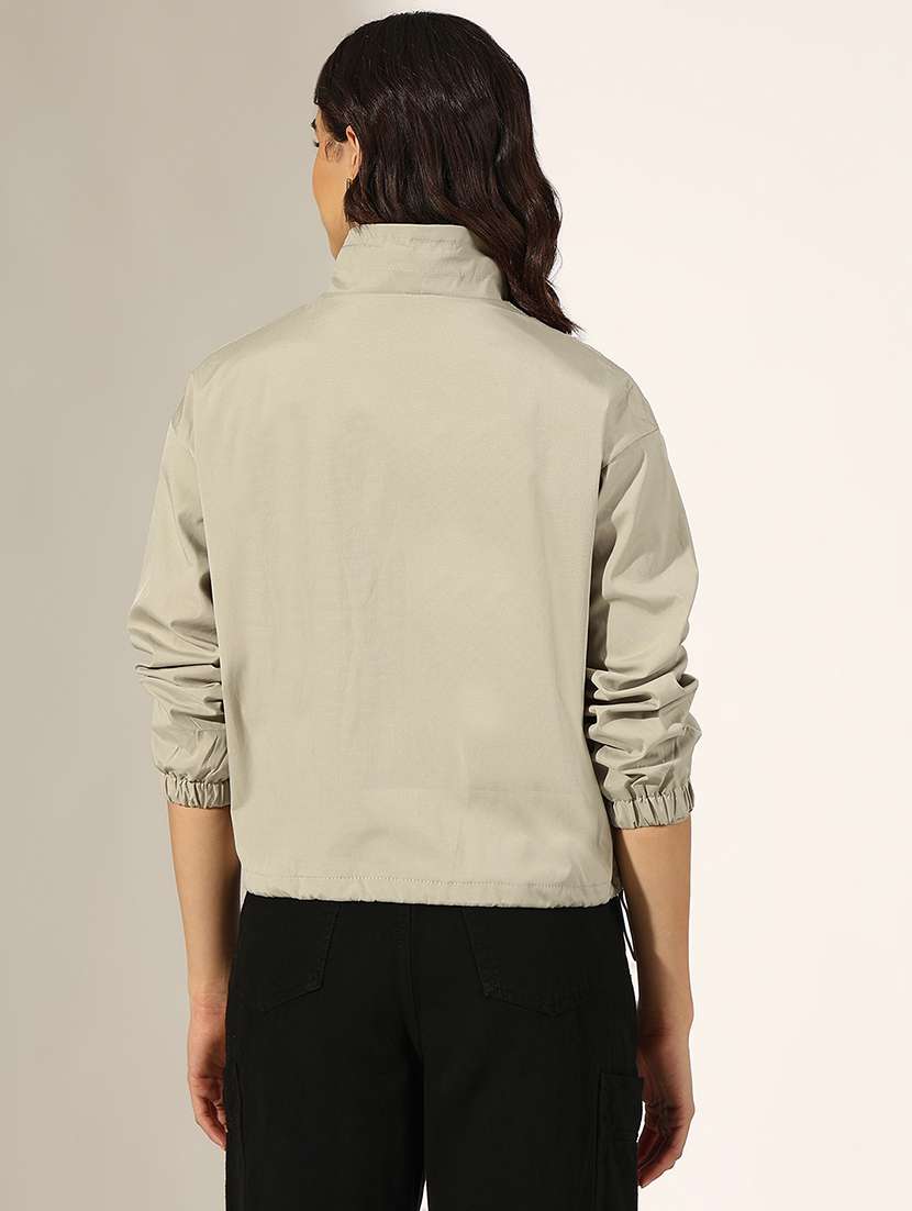 women solid long sleeve stand collar biker jacket - 22321790 -  Standard Image - 3