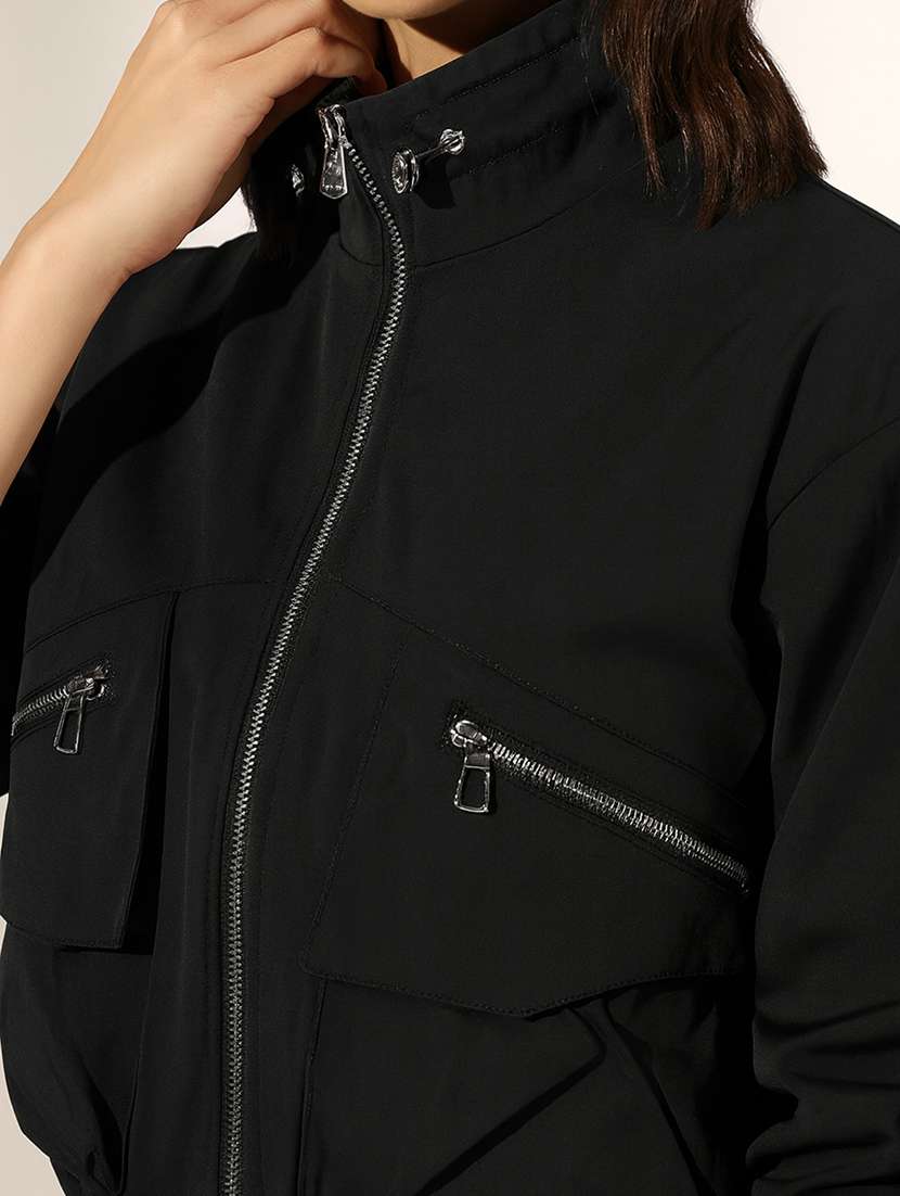 women solid long sleeve stand collar biker jacket - 22321791 -  Standard Image - 5