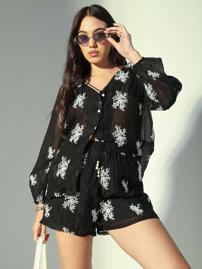 women embroidered shirt and shorts co-ord set