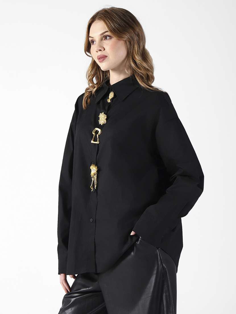 women solid collared long sleeve oversized shirt - 22321841 -  Standard Image - 3