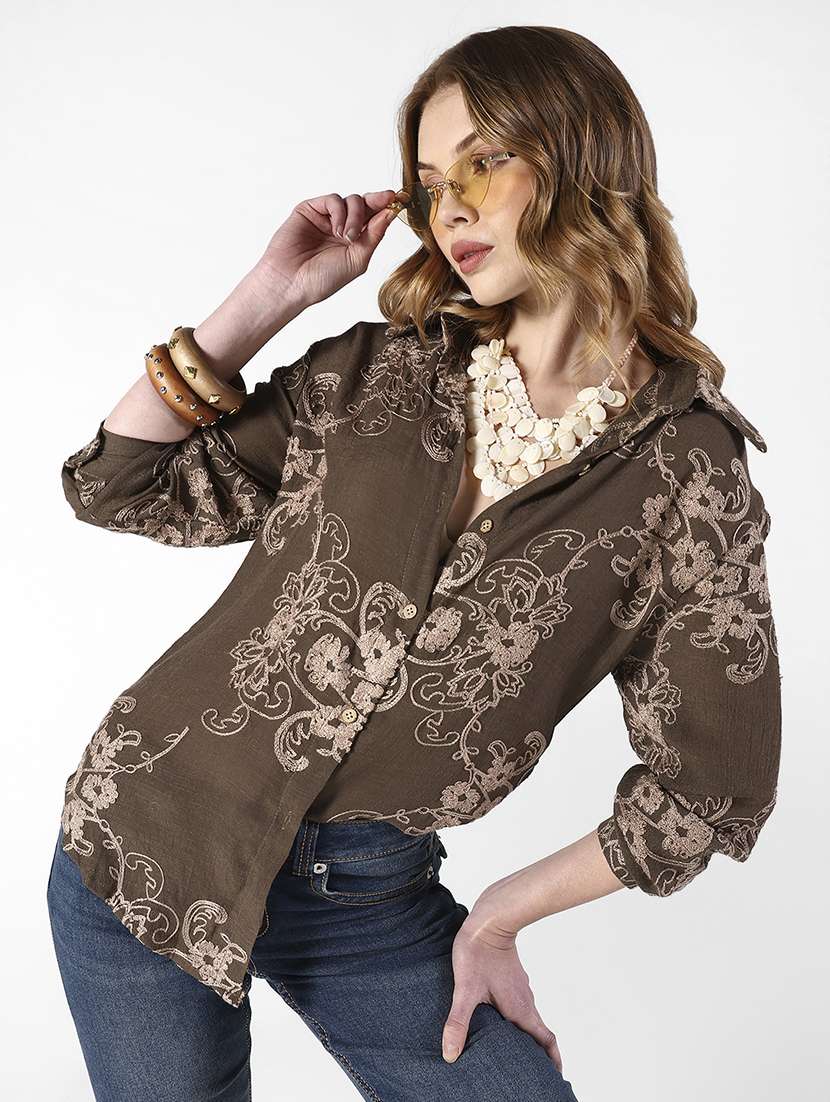 women embroidered collared long sleeve shirt