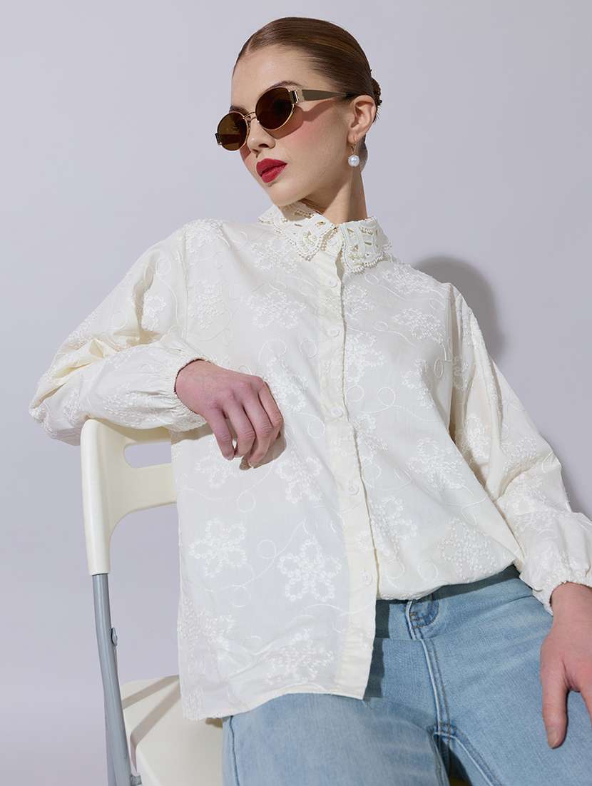 women embroidered long sleeve oversized shirt