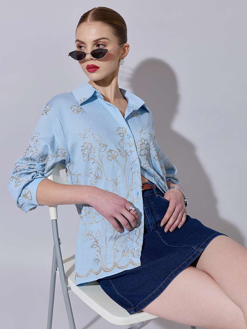 women embroidered long sleeve oversized shirt