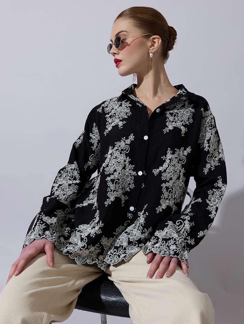 women embroidered long sleeve oversized shirt