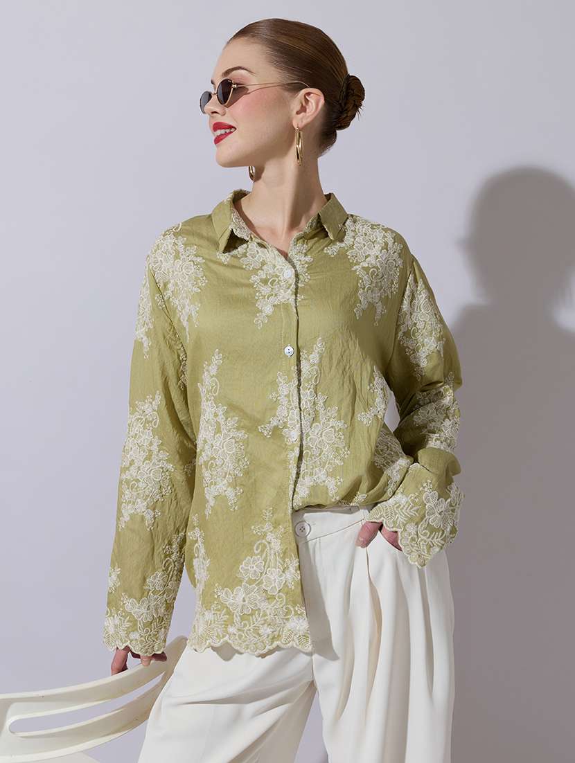 women embroidered long sleeve oversized shirt