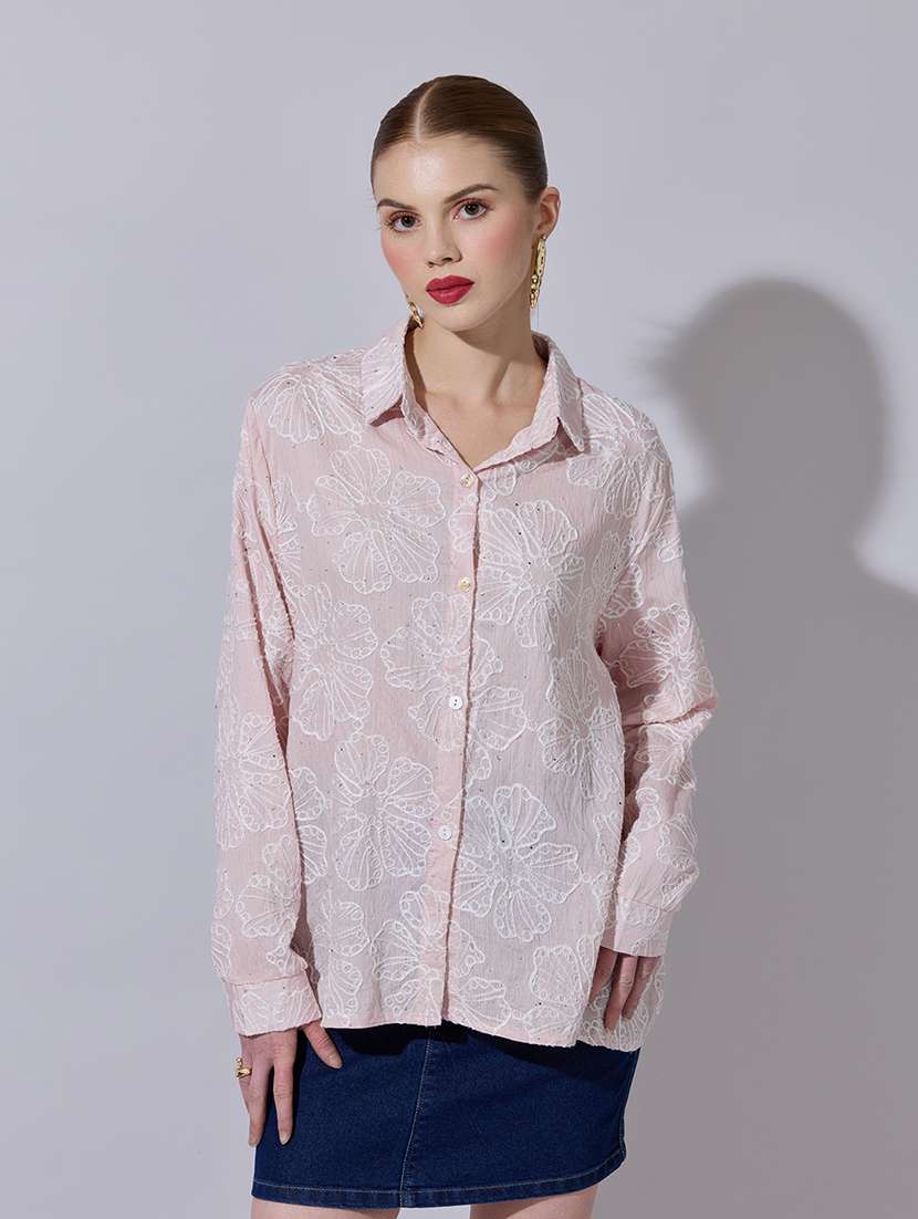 women embroidered collared long sleeve shirt