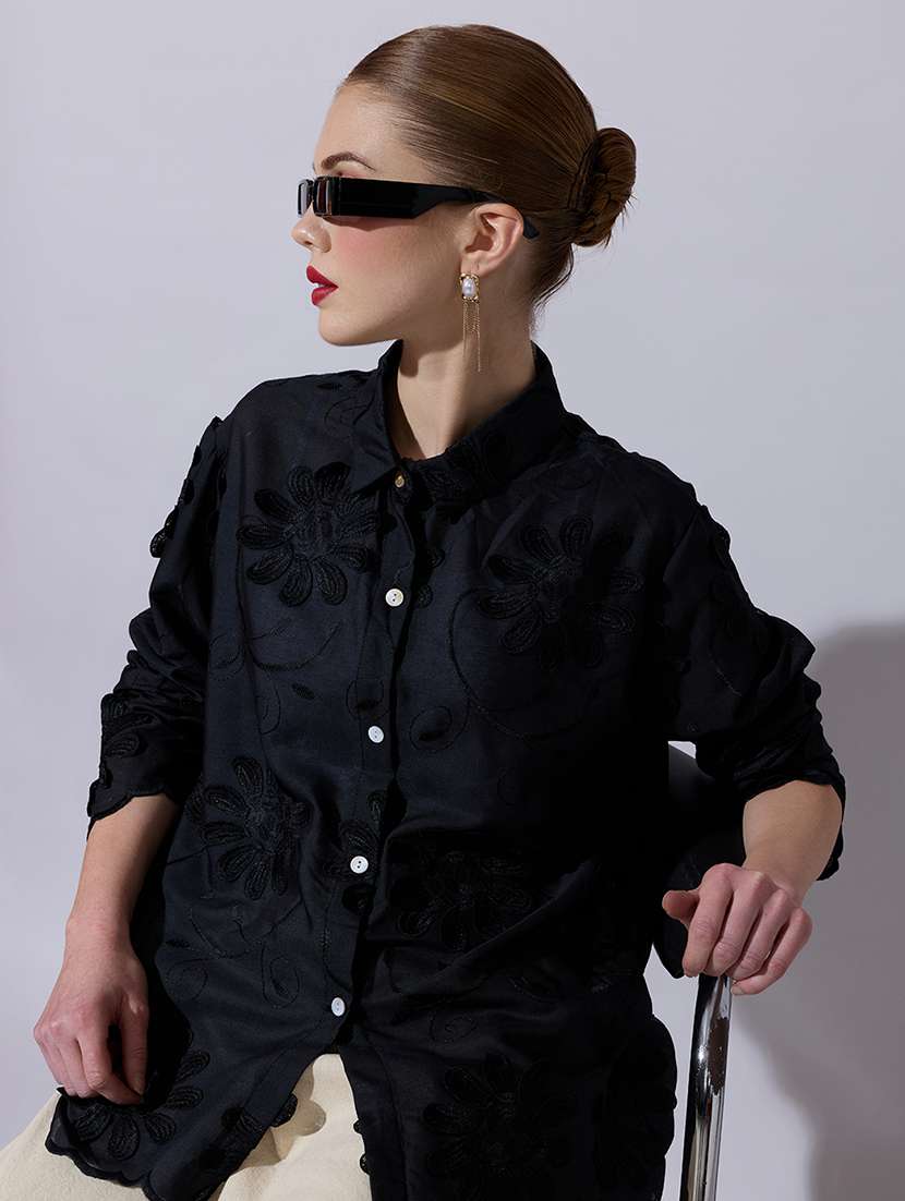 women embroidered long sleeve oversized shirt