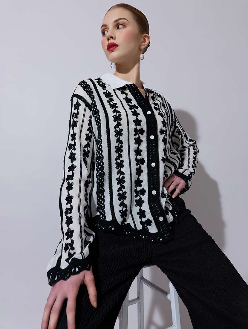 women embroidered collared long sleeve shirt