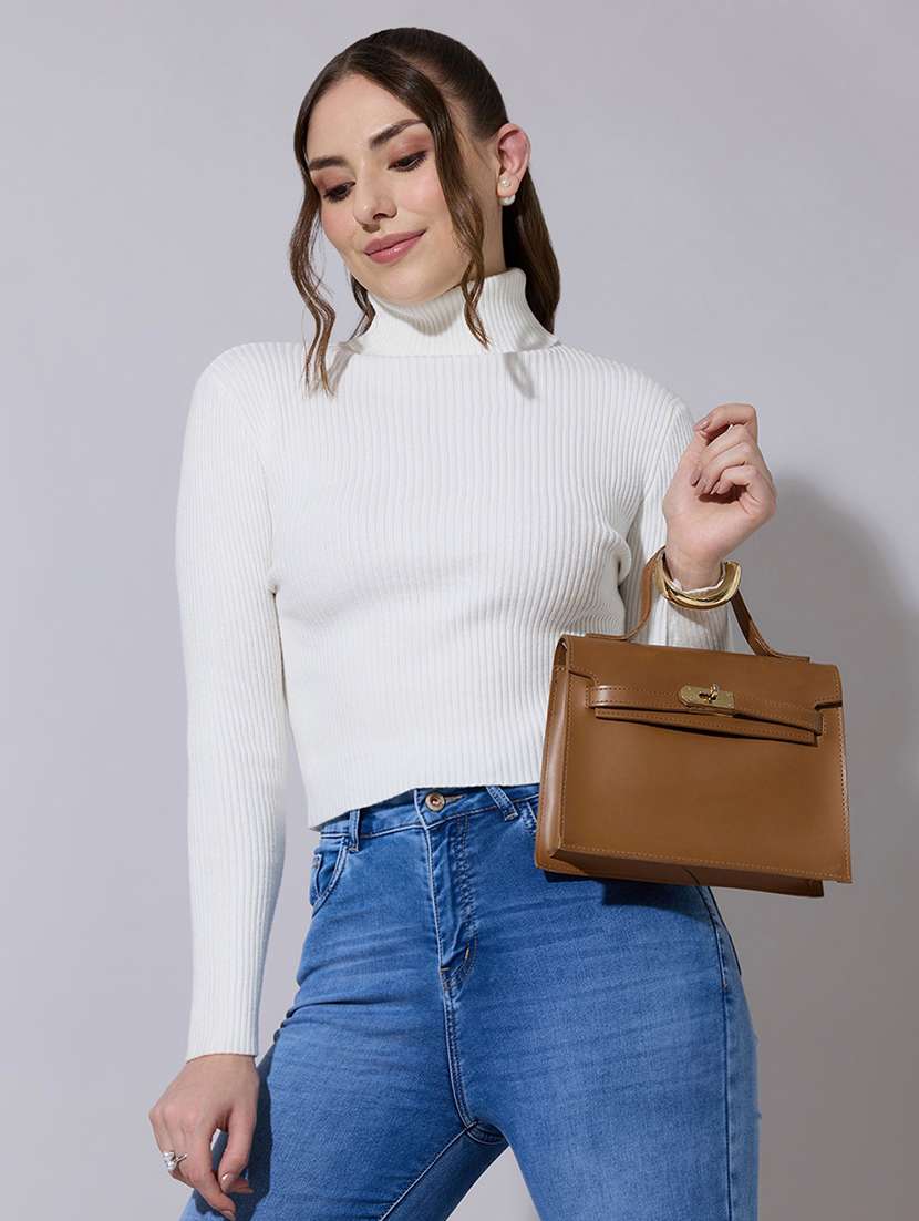 women solid high neck long sleeve pullover